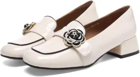 2025 New Women's Leather Loafers with Metal Buckles Commute Friendly Waterproof Chunky Block Heels Rounded Toe Shoes for Comfort and Elegance