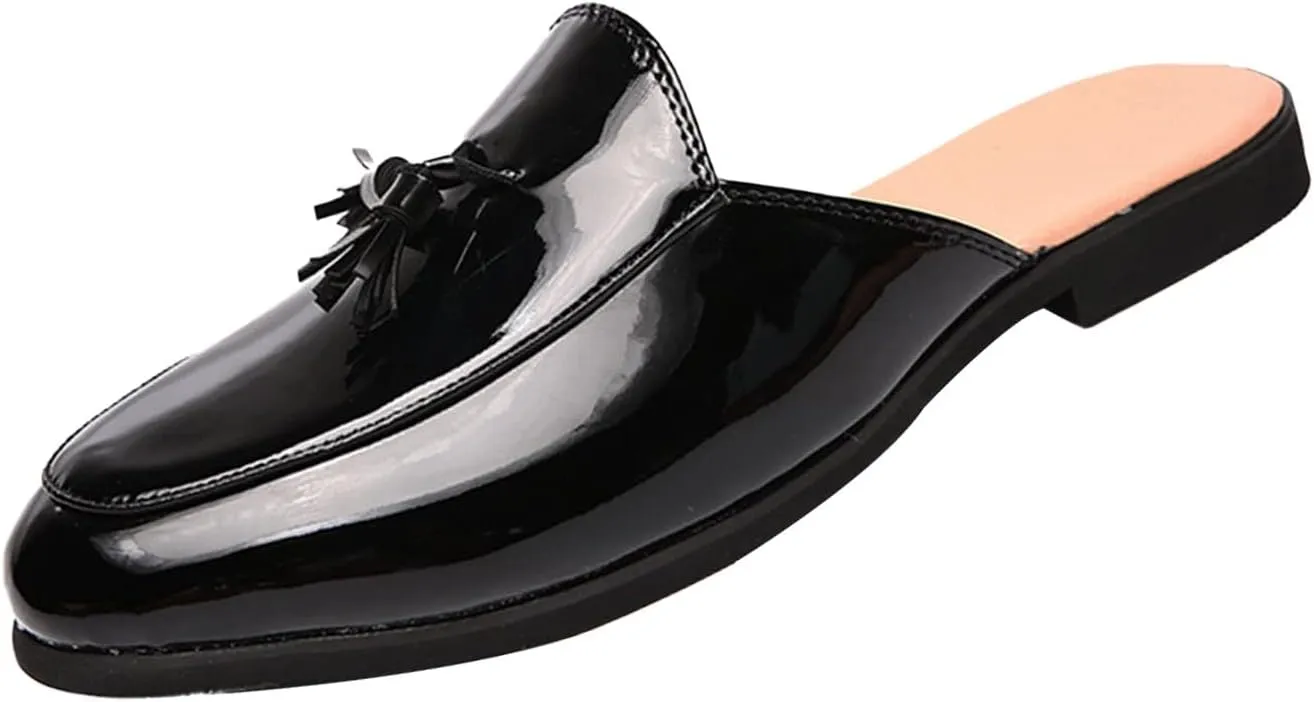 BlackeEight Men's Patent Leather Mules Clog Slippers,Fashion Tassel Pointed Closed Toe Comfy Casual Beanie Backless Slides Loafers