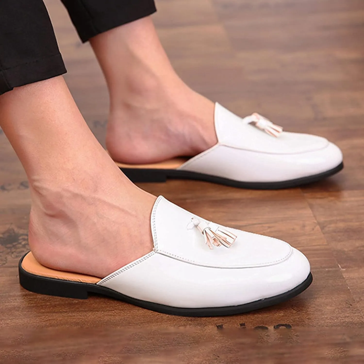 BlackeEight Men's Patent Leather Mules Clog Slippers,Fashion Tassel Pointed Closed Toe Comfy Casual Beanie Backless Slides Loafers