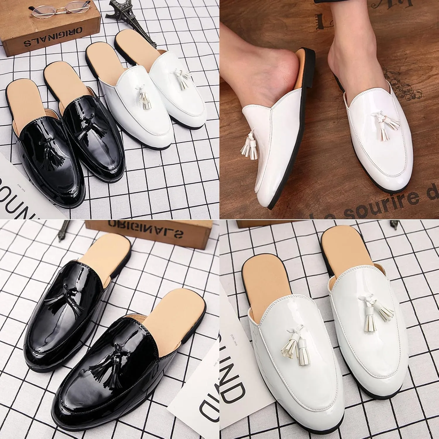 BlackeEight Men's Patent Leather Mules Clog Slippers,Fashion Tassel Pointed Closed Toe Comfy Casual Beanie Backless Slides Loafers