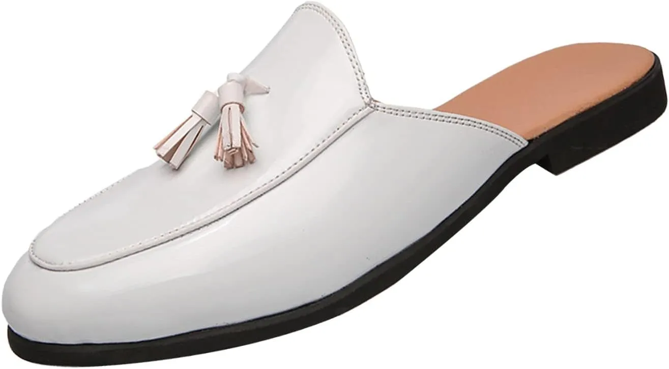 BlackeEight Men's Patent Leather Mules Clog Slippers,Fashion Tassel Pointed Closed Toe Comfy Casual Beanie Backless Slides Loafers