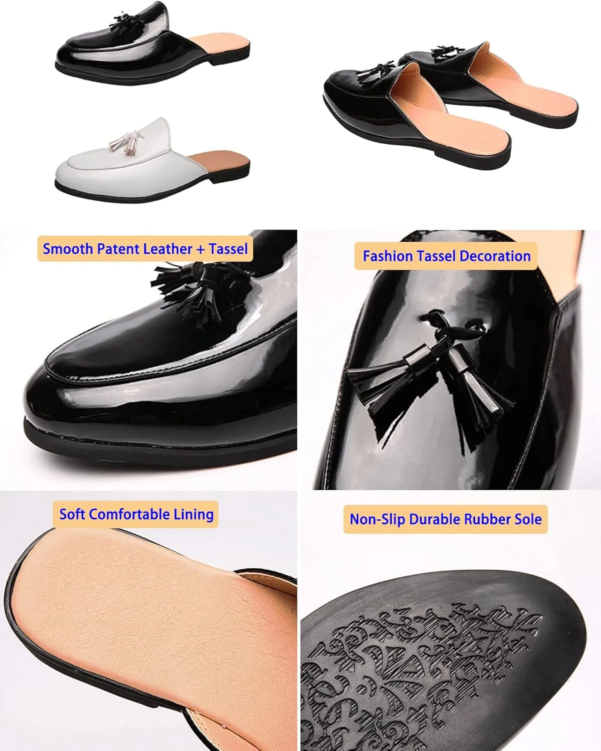 BlackeEight Men's Patent Leather Mules Clog Slippers,Fashion Tassel Pointed Closed Toe Comfy Casual Beanie Backless Slides Loafers