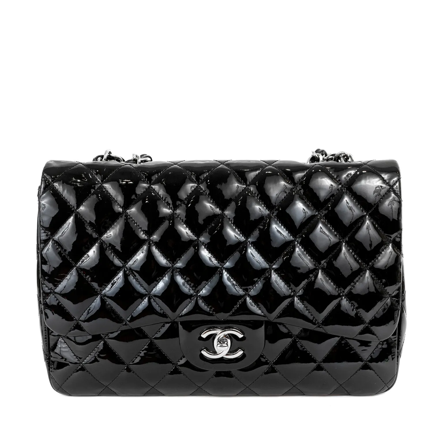 Chanel  Black Patent Leather Jumbo Classic with Silver Hardware