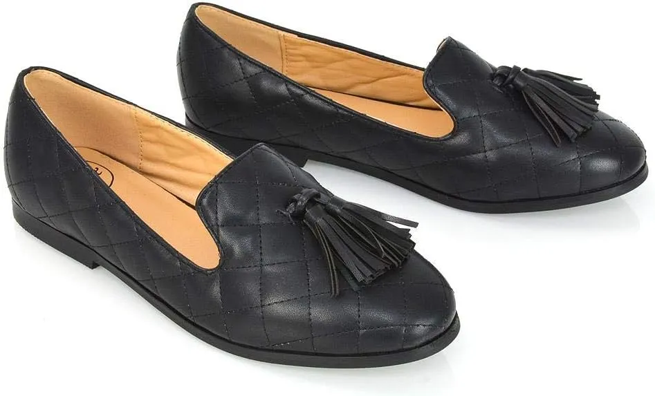 Essex Glam Womens Slip On Flat Loafers Ladies Tassel Quilted Mocassins Synthetic Leather Shoes Size 5-10