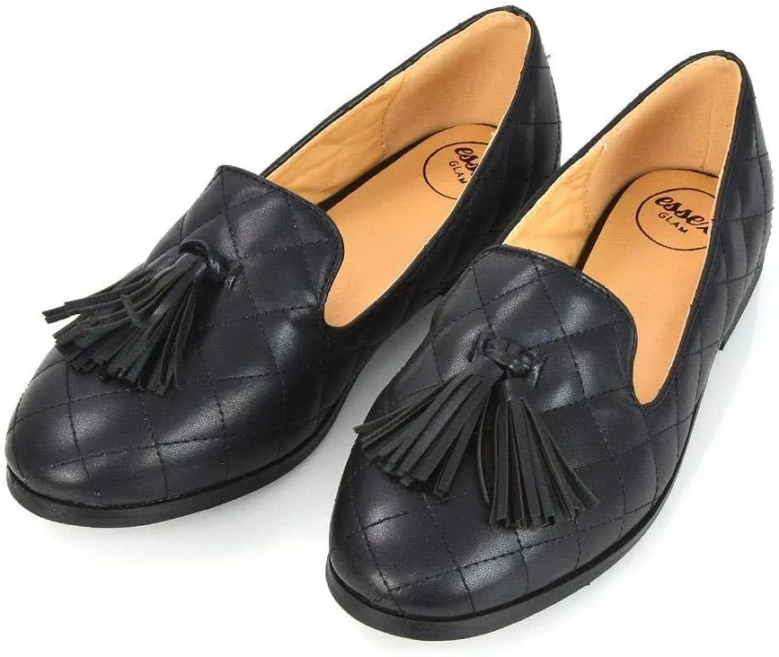 Essex Glam Womens Slip On Flat Loafers Ladies Tassel Quilted Mocassins Synthetic Leather Shoes Size 5-10