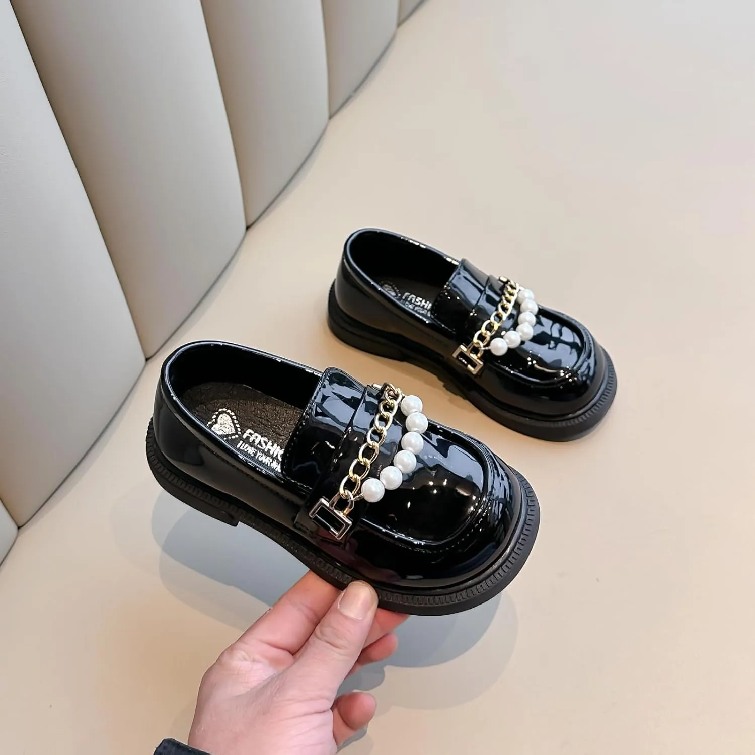 Girls Patent Leather Loafers with Pearl Chain Detail, Classic School Shoes, Black and White, Slip-On