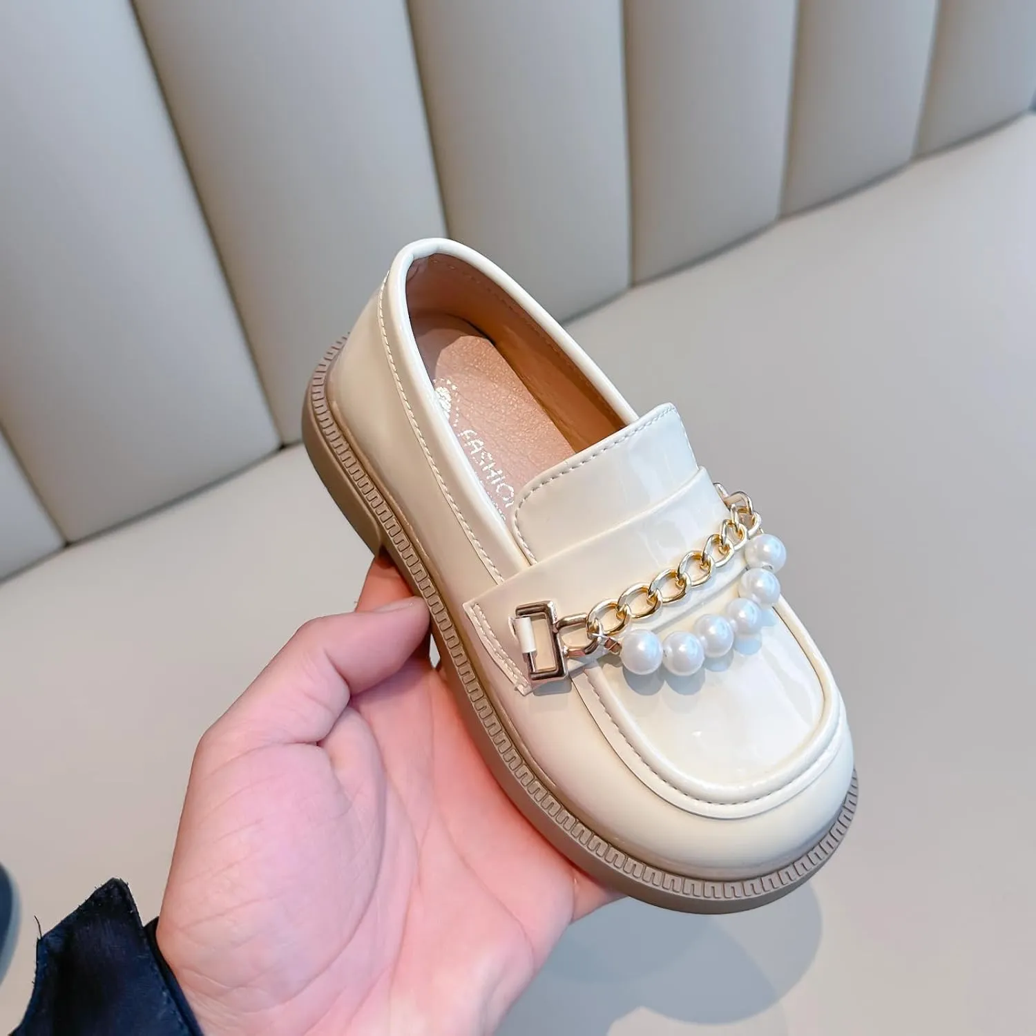 Girls Patent Leather Loafers with Pearl Chain Detail, Classic School Shoes, Black and White, Slip-On
