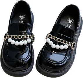 Girls Patent Leather Loafers with Pearl Chain Detail, Classic School Shoes, Black and White, Slip-On