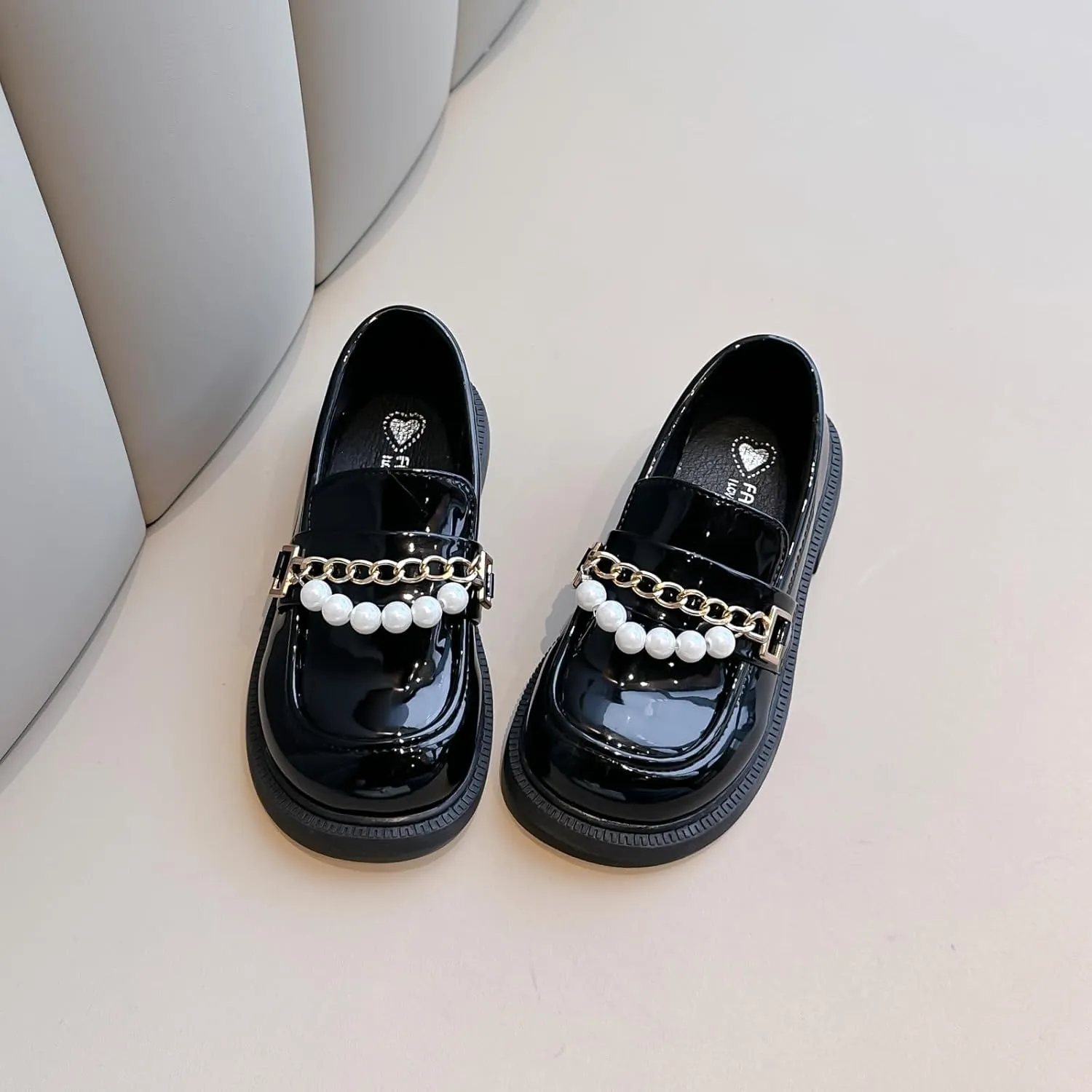 Girls Patent Leather Loafers with Pearl Chain Detail, Classic School Shoes, Black and White, Slip-On
