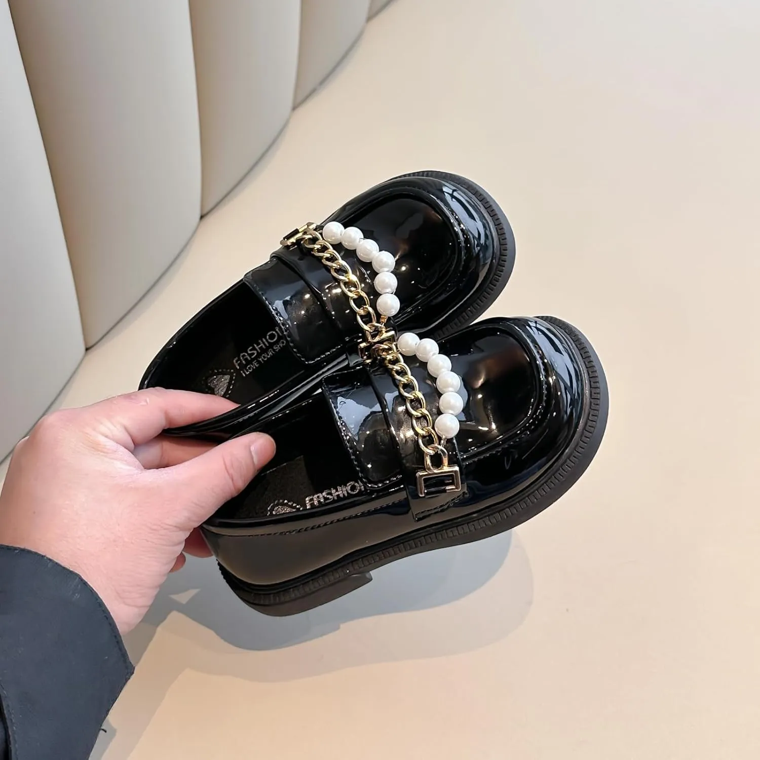 Girls Patent Leather Loafers with Pearl Chain Detail, Classic School Shoes, Black and White, Slip-On