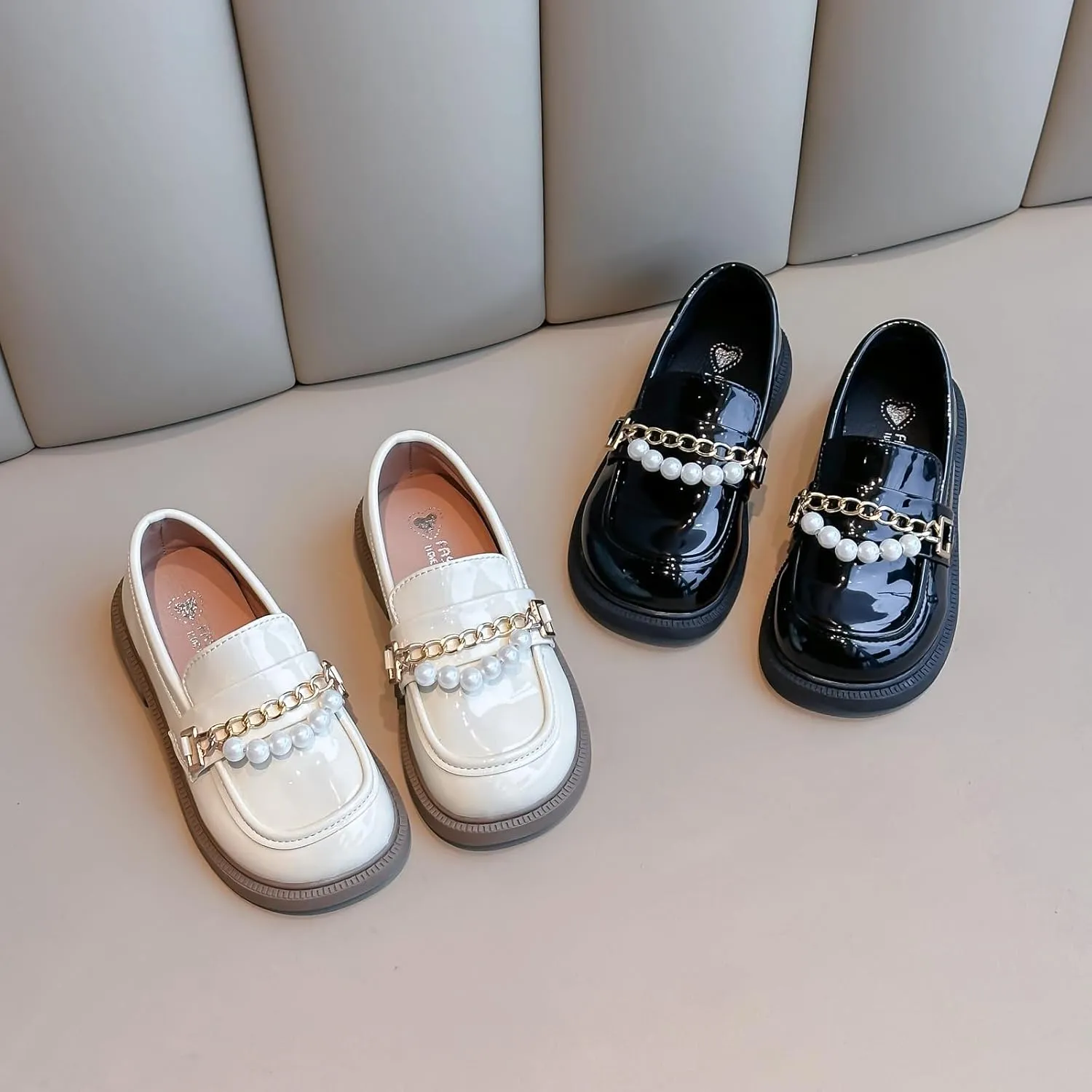 Girls Patent Leather Loafers with Pearl Chain Detail, Classic School Shoes, Black and White, Slip-On