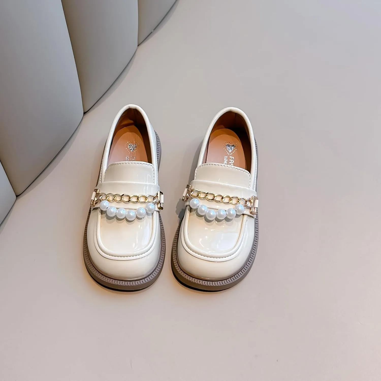 Girls Patent Leather Loafers with Pearl Chain Detail, Classic School Shoes, Black and White, Slip-On