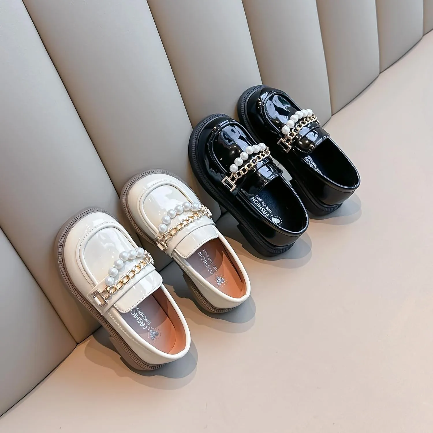 Girls Patent Leather Loafers with Pearl Chain Detail, Classic School Shoes, Black and White, Slip-On