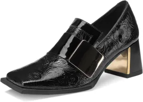 Loafers for Women Patent Leather Buckle Square Toe Chunky Block Dress Slip On Wide Casual Comfortable Dressy High Heels Ladies Comfort Moccasins Elegantes 2 Inch Shoes