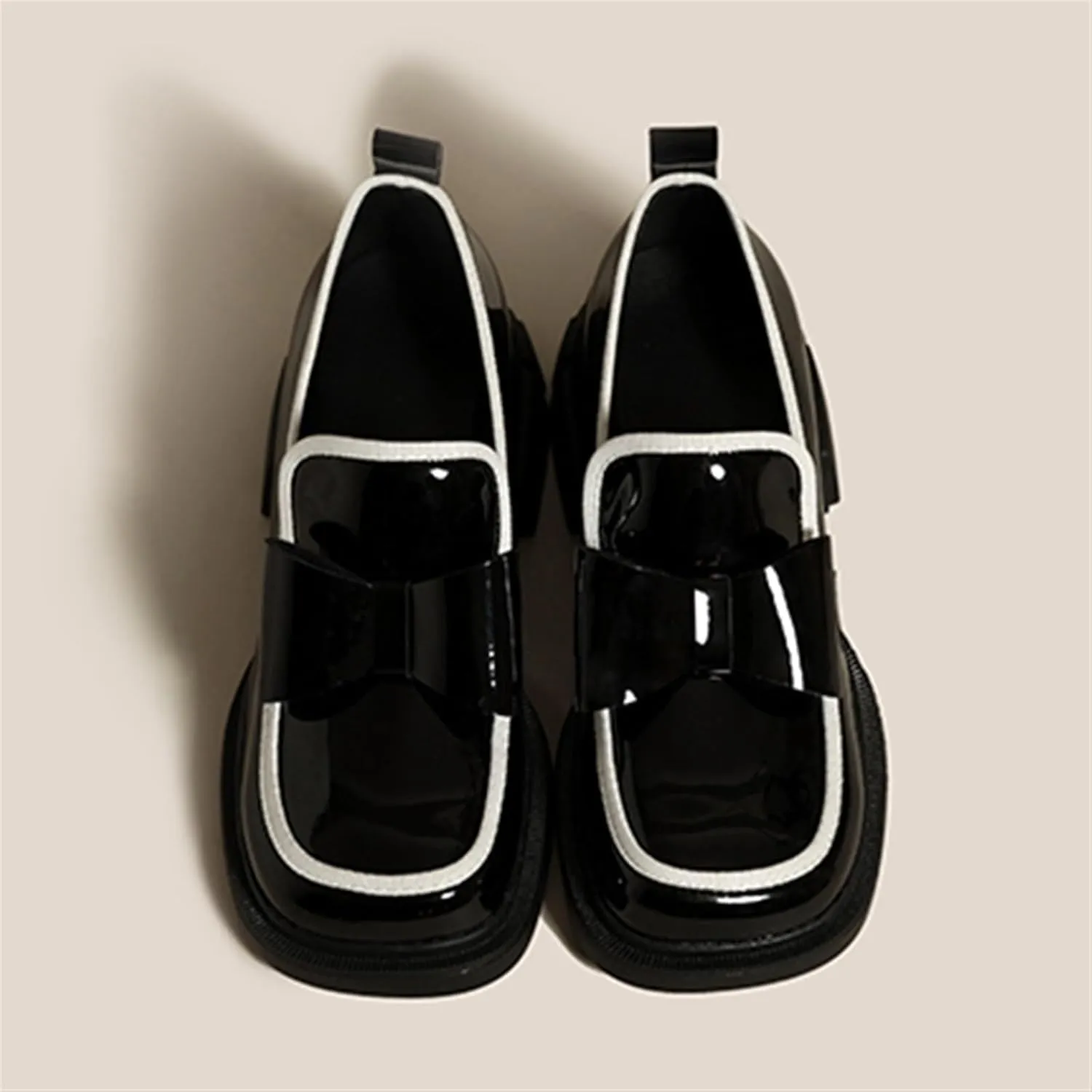 Loafers for Women Women's Square Toe Chunky Loafers Autumn Patent Leather Platform Heels with Bowknot Slip-On Design