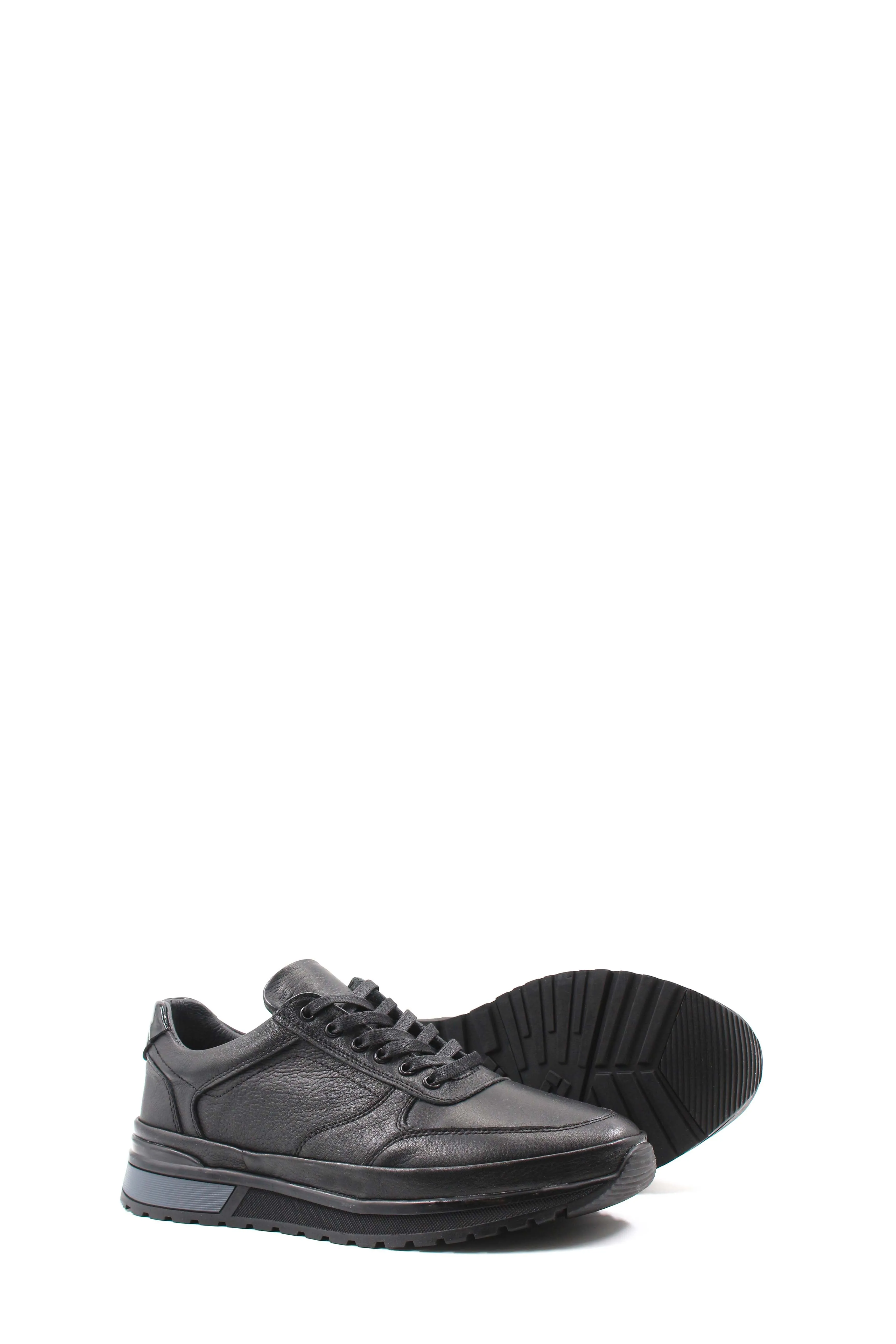 Men's Black Leather Lace-Up Sneakers with Elevated Sole - Wessi