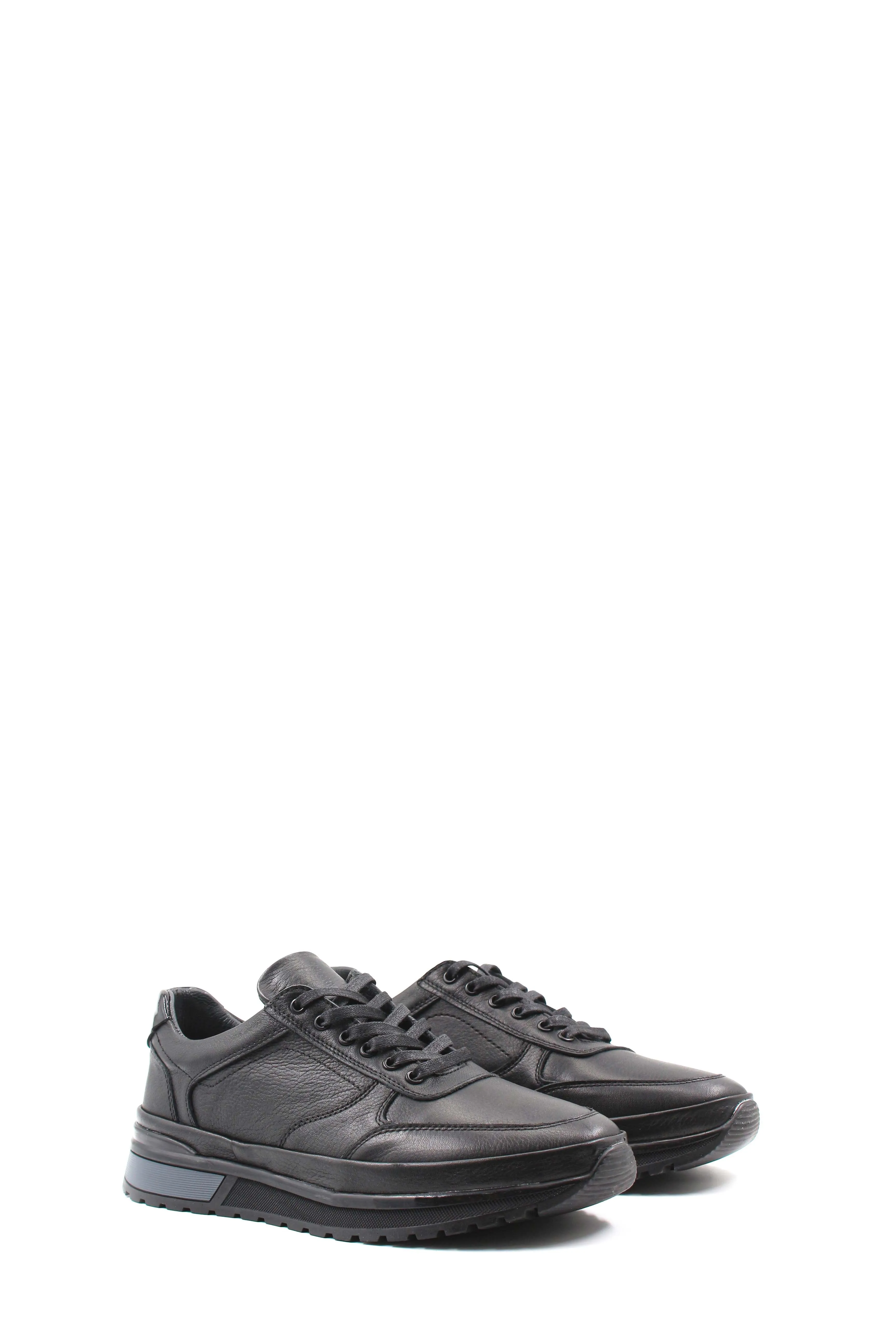 Men's Black Leather Lace-Up Sneakers with Elevated Sole - Wessi