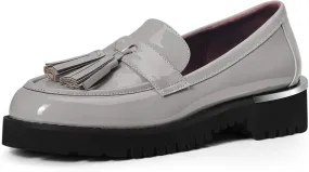 MUCCCUTE Loafers for Women Platform Chunky Loafer Comfortable Slip On Lug Sole Patent Leather Tassel Casual Work Shoes Grey Size 7.5