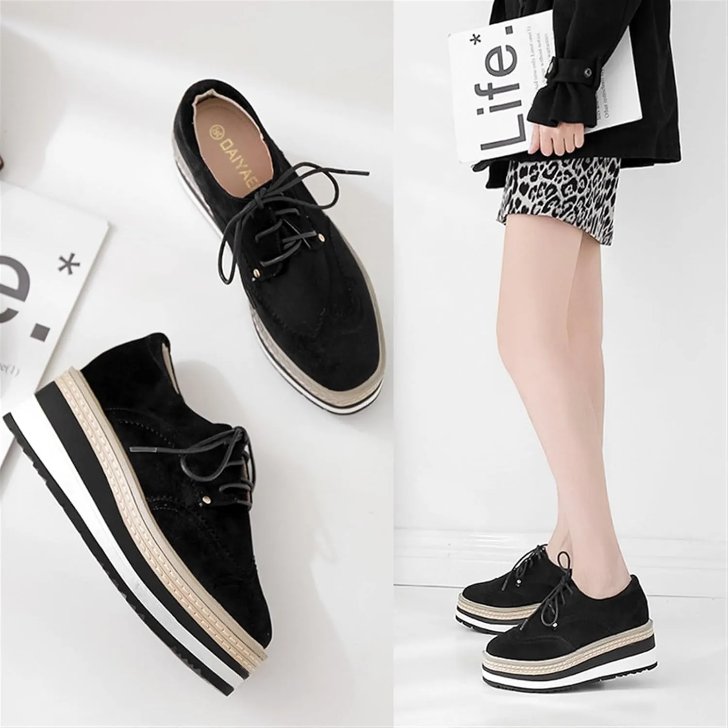 Suede Walking Oxford Shoes For Women Fashion Slip-on Platform Sneakers Chunky High Heels Flats Dressy Loafers Shoes