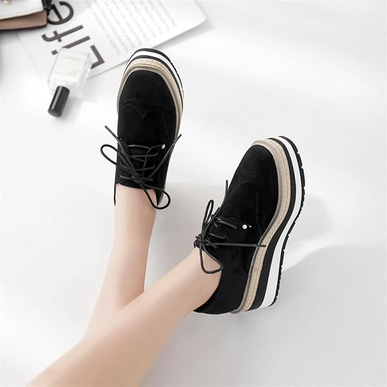 Suede Walking Oxford Shoes For Women Fashion Slip-on Platform Sneakers Chunky High Heels Flats Dressy Loafers Shoes