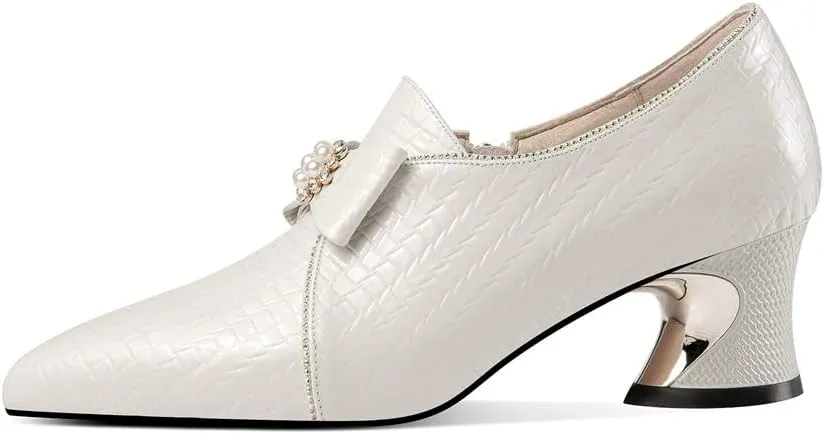 TinaCus Patent Leather Women's Pointed Toe Handmade Bowtie Zip Up Chunky Heels Casual Loafer Shoes