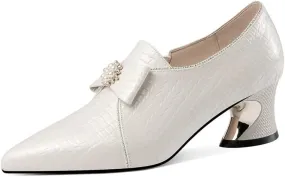 TinaCus Patent Leather Women's Pointed Toe Handmade Bowtie Zip Up Chunky Heels Casual Loafer Shoes