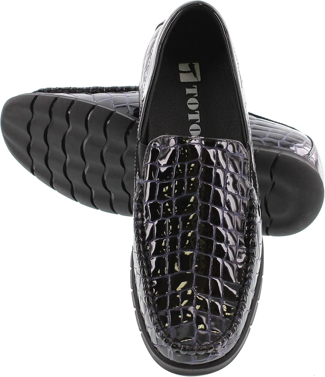 TOTO Men's Invisible Height Increasing Elevator Shoes - Black & Purple Patent Leather Slip-on Super Lightweight Casual Loafers - 2.4 Inches Taller - H333153 - Size 6.5 D(M) US